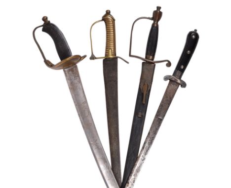  A Georgian military sword (spadroon), blade approximately 27 in. (snapped - lower part stuck in scabbard), marked '2W' over 