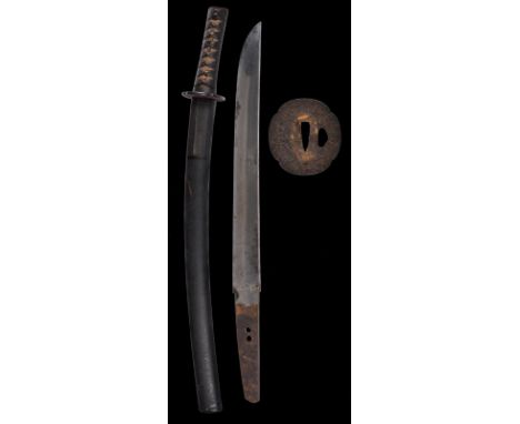 A Japanese dagger (tanto), blade 11 in., hira-zukuri with suguha hamon, nakagao with two ana, mumei, niju-habaki, iron tsuba 