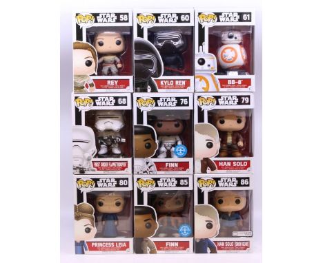 Funko: A collection of seventeen Funko Pop! Star Wars boxed figures to comprise: Rey 58, Kylo Ren 60, BB-8 61, First Order Fl