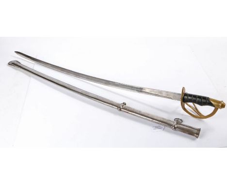 Reproduction cavalry troopers sword, curved steel blade with brass hilt, held in steel scabbard