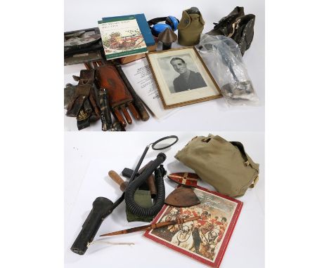 Mixed lot including a Cold War era Warsaw Pact NBC suit in carrying pouch, a military search mirror, hob nailed ammo boots, b