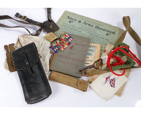 Mixed lot to include, Browning 9mm pistol holster, Bren Gun sling, sword frog, button stick, 1926 edition of the Army Act, Na