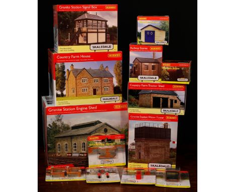 Hornby OO Gauge Skaledale trackside accessories, comprising R9838 granite station signal box, boxed; R9825 railway stores, bo