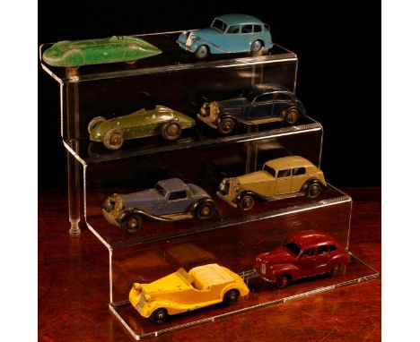 A collection of unboxed Dinky Toys diecast model cars, comprising 30c Daimler, fawn body with black running boards, plain cha