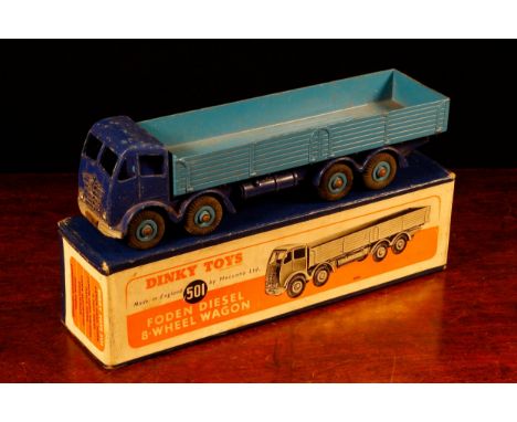 Dinky Toys 501 Foden diesel 8-wheel wagon, blue 2nd type cab and chassis, light blue wagon, light blue hubs, boxed 