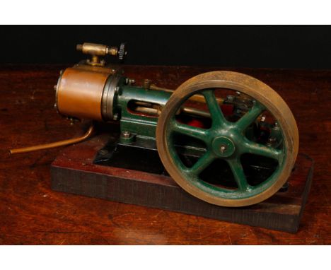 Live Steam - a live steam horizontal stationary steam mill engine, painted in green and red, the lower section painted black,