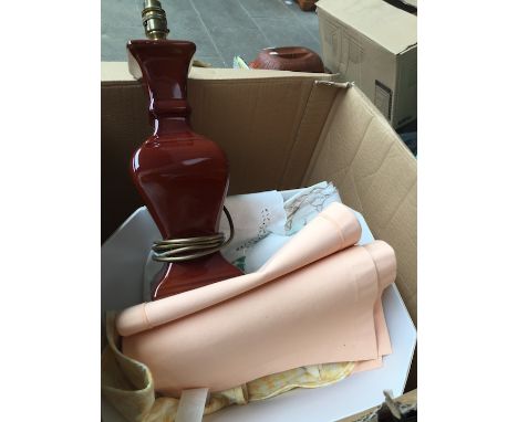 A box containing table lamp, inlaid book shelf etc 