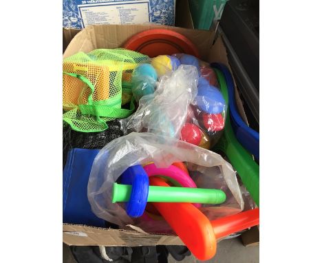 Box of toys including softee, tennis and egg and spoon 