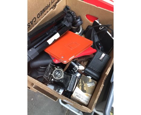 A box of cameras to include Canon, Pentax, Konica, Kershaw Eight-20 Penguin, Minolta, Telma Zeiss Ikon, tripod, etc 