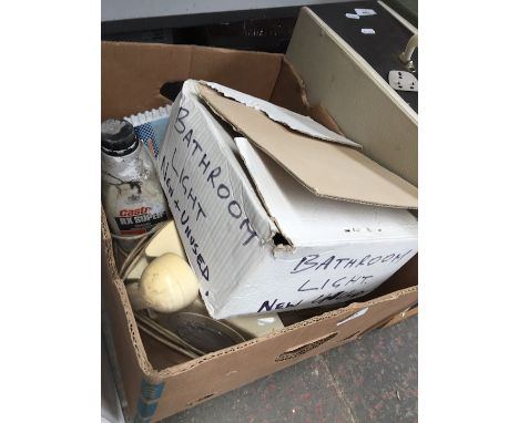 A box of misc to include wall light, glass vases, bakelite phone, car bits, etc 
