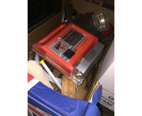Box of tools including measures, battery charger and inspection lamp 