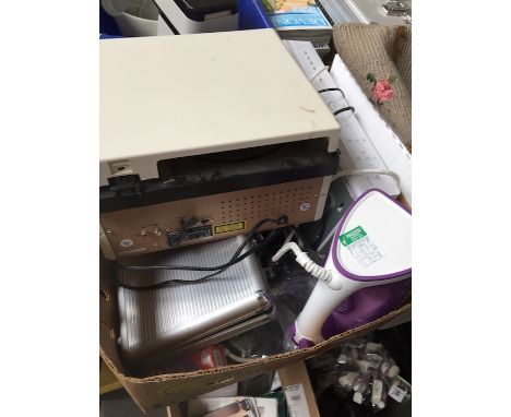 A box of misc to include record player, digi box, clothes iron, etc. 