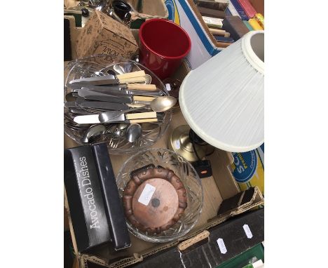 Box with cutlery, lamp, carved stand etc. 