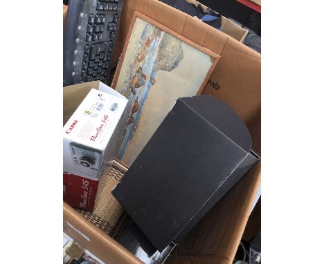 A box of misc to include camera, keyboard, wicker basket, print, thermos flask, etc. 