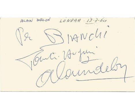 Alain Delon signed to clear back of vintage Tiberio Restaurant 4 x 3 inch contact card, to Bianchi. From collection of one of