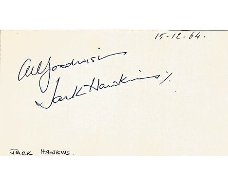 Jack Hawkins signed to clear back of vintage Tiberio Restaurant 4 x 3 inch contact card. From collection of one of the staff 