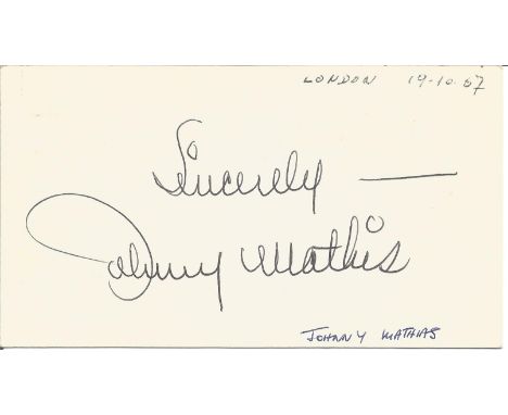 Johnny Mathis signed to clear back of vintage Mario and Francos Terrazza Restaurant 4 x 3 inch contact card. From collection 