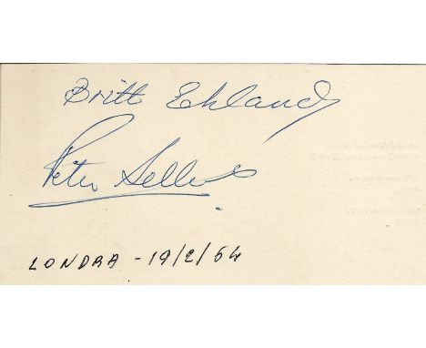 Peter Sellers and Britt Ekland signed to clear back of vintage Tiberio Restaurant 4 x 3 inch contact card. From collection of