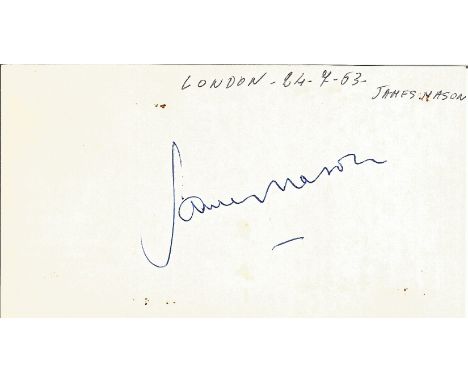 James Mason signed to clear back of vintage Tiberio Restaurant 4 x 3 inch contact card. From collection of one of the staff w