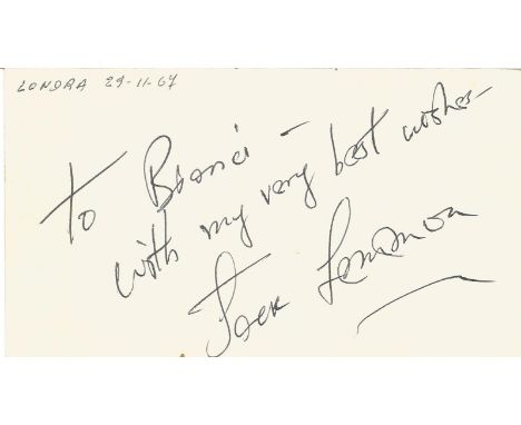 Jack Lemmon signed to clear back of vintage Mario and Francos Terrazza Restaurant 4 x 3 inch contact card, to Bianchi. From c