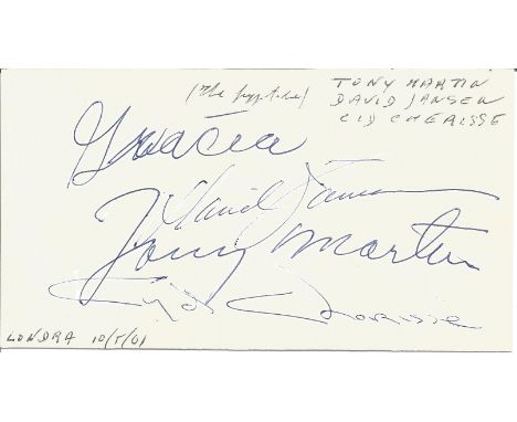 David Jansen, Cid Cherise, Tony Martin signed to clear back of vintage Mario and Francos Terrazza Restaurant 4 x 3 inch conta