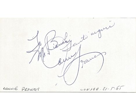Connie Francis signed to clear back of vintage Mario and Francos Terrazza Restaurant 4 x 3 inch contact card, to Bianchi. Fro