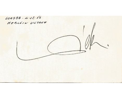 Marlene Dietrich signed to clear back of vintage Tiberio Restaurant 4 x 3 inch contact card. From collection of one of the st
