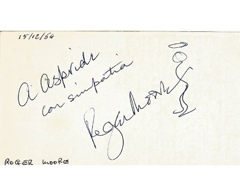 Roger Moore signed to clear back of vintage Tiberio Restaurant 4 x 3 inch contact card dated 15/12/64. Has Saint Doodle and i