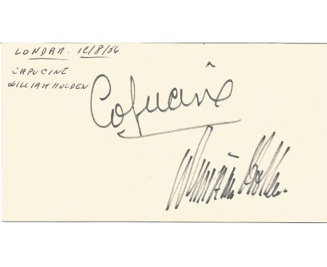 William Holden and Cupucine signed to clear back of vintage Tiberio Restaurant 4 x 3 inch contact card. From collection of on