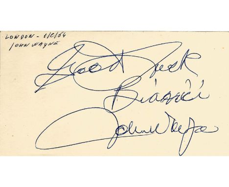 John Wayne signed to clear back of vintage Tiberio Restaurant 4 x 3 inch contact card. Inscribed Good Luck Bianchi who worked