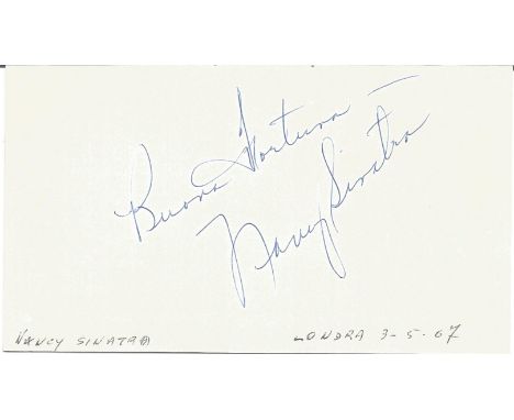 Nancy Sinatra signed to clear back of vintage Mario and Francos Terrazza Restaurant 4 x 3 inch contact card. From collection 