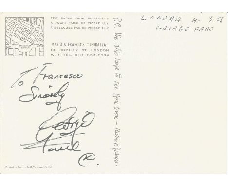 Georgie Fame signed to clear back of vintage Mario and Francos Terrazza Restaurant 6 x 4 inch colour postcard card. From coll