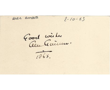 Alec Guinness signed to clear back of vintage Tiberio Restaurant 4 x 3 inch contact card. Inscribed Good Wishes, from collect