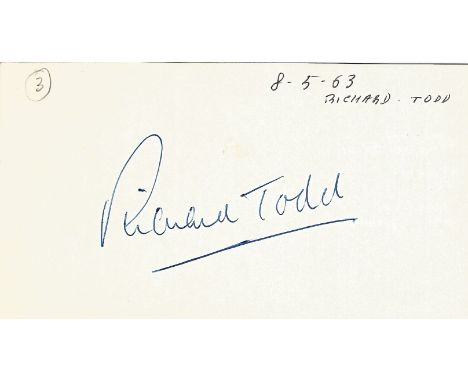 Richard Todd signed to clear back of vintage Tiberio Restaurant 4 x 3 inch contact card. From collection of one of the staff 