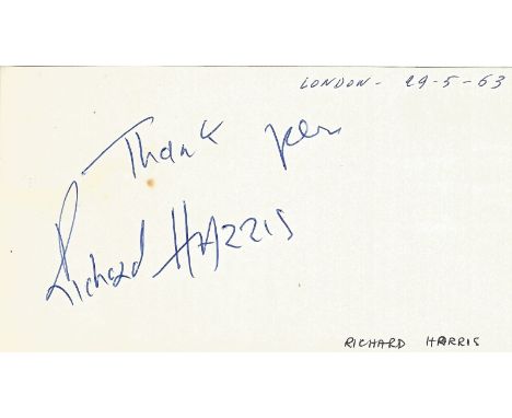 Richard Harris signed to clear back of vintage Tiberio Restaurant 4 x 3 inch contact card. From collection of one of the staf