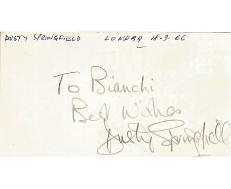 Dusty Springfield signed to clear back of vintage Tiberio Restaurant 4 x 3 inch contact card. From collection of one of the s