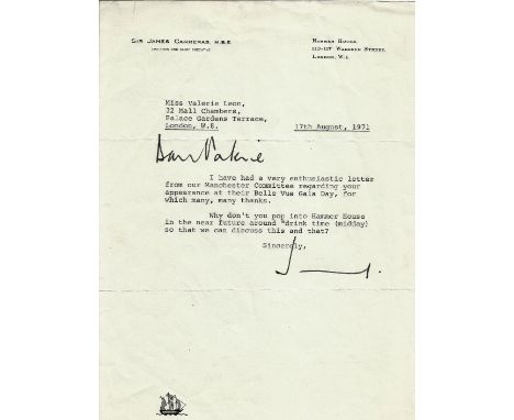 Sir James Carreras MBE signed letter, to actress Valerie Leon. Carreras founder of Hammer Film Productions, asking her to dro