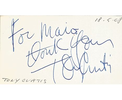 Tony Curtis signed to clear back of vintage Tiberio Restaurant 4 x 3 inch contact card, to Mario. From collection of one of t