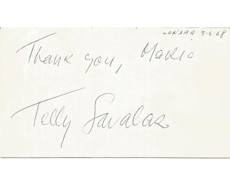 Telly Savalas signed to clear back of vintage Mario and Francos Terrazza Restaurant 4 x 3 inch contact card, inscribed thank 
