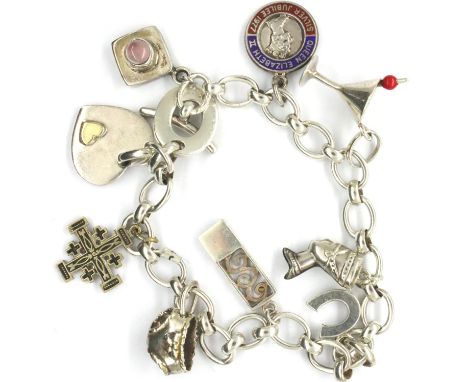 925 silver Links of London charm bracelet with nine charms to include a cocktail glass, L: 12 cm, largest charm 20 mm. P&amp;