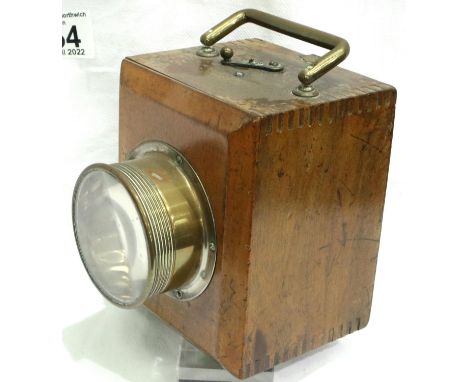 Wooden mining inspection lamp with brass fittings, H: 12 cm. P&amp;P Group 2 (£18+VAT for the first lot and £3+VAT for subseq