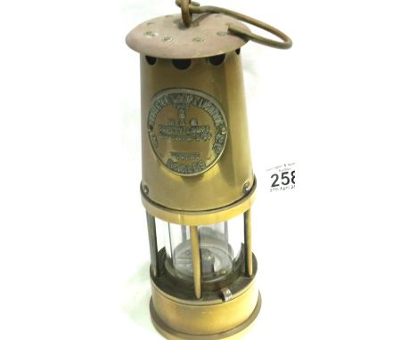 Eccles brass Protector, type 6, M&amp;Q miners lamp, H: 24 cm. P&amp;P Group 2 (£18+VAT for the first lot and £3+VAT for subs