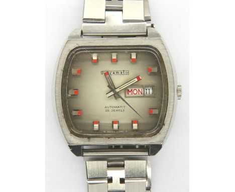 1970s Decametric; day date gents automatic 25 jewel wristwatch on a stainless steel bracelet, working at lotting. P&amp;P Gro