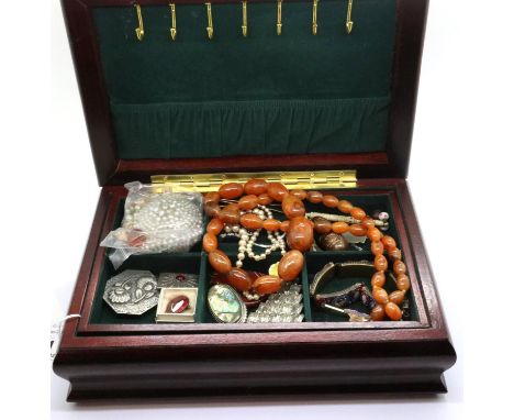 Hardwood jewellery box with mixed costume jewellery contents. P&amp;P Group 1 (£14+VAT for the first lot and £1+VAT for subse