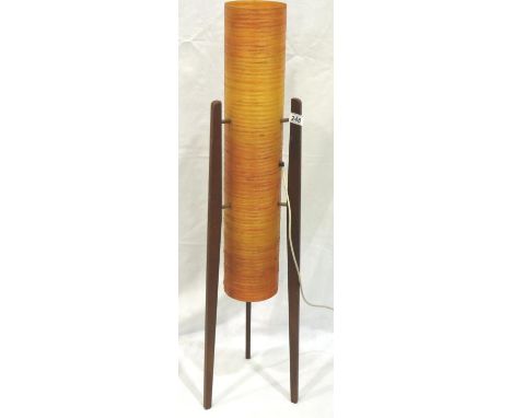 Mid 20th century teak framed rocket lamp with cylindrical fibreglass shade, H: 113 cm. No plug, scratches and marks to frame,