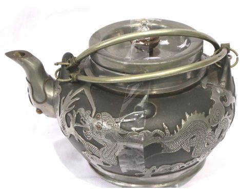 Chinese white metal twin handled teapot, H: 11 cm. P&amp;P Group 2 (£18+VAT for the first lot and £3+VAT for subsequent lots)