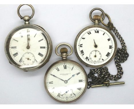 Three hallmarked silver pocket watches for restoration with a hallmarked silver watch chain. P&amp;P Group 1 (£14+VAT for the