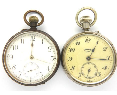 Clairmont Swiss crown wind metal cased pocket watch with gold inset verso and a Service Army pocket watch, both for restorati