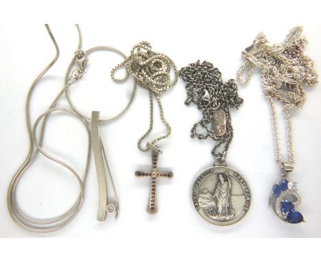 Four 925 silver neck chains and pendants to include a cross. P&amp;P Group 1 (£14+VAT for the first lot and £1+VAT for subseq