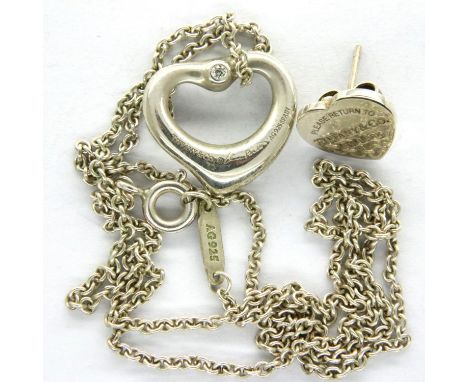 Tiffany &amp; Co fine silver neck chain and heart pendant set with a single diamond and a single earring, chain L: 40 cm, hea